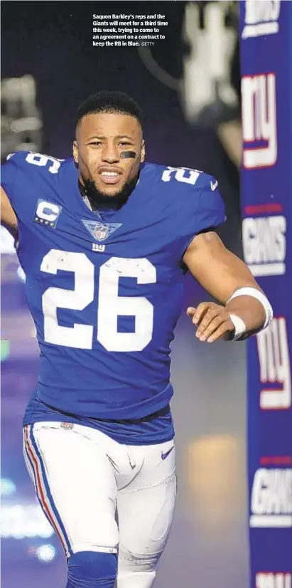  ?? GETTY ?? Saquon Barkley’s reps and the Giants will meet for a third time this week, trying to come to an agreement on a contract to keep the RB in Blue.