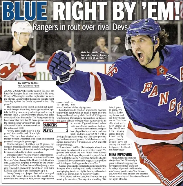  ?? AP ?? Mats Zuccarello celebrates his goal as Rangers rout Devils at Garden.