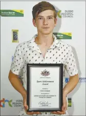 ??  ?? Tyler Everingham after receiving an award at the 16th annual Dubbo Regional Sports Awards ion November. PHOTO: MEL POCKNALL