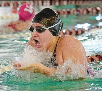  ?? DANA JENSEN/ THE DAY ?? East Lyme’s Nikki Hahn swims the 100- yard breaststro­ke during Saturday’s Eastern Connecticu­t Conference postseason experience at the East Lyme Aquatic Center.