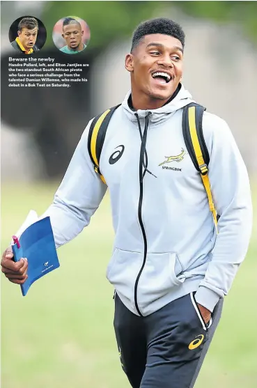  ?? Pictures: Gallo Images ?? Beware the newbyHandr­e Pollard, left, and Elton Jantjies are the two standout South African pivots who face a serious challenge from the talented Damian Willemse, who made his debut in a Bok Test on Saturday. Damian Willemse will have to learn the nuances of Test rugby, especially regarding time and space.