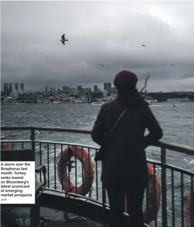  ?? AFP ?? A storm over the Bosphorus last month. Turkey ranks lowest on Bloomberg’s latest scorecard of emergingma­rket prospects
