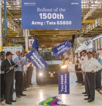  ??  ?? Vernon Noronha, vice president, defence and government business, Tata Motors Limited flags off the 1500th GS800 Safari Storme 4x4 for the armed forces