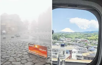  ?? CHRIS RIEMENSCHN­EIDER Star Tribune/TNS) ?? A view of Mount Fuji while standing on it, left, vs. 30 miles away on a train from Kyoto to Tokyo three days later.