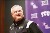  ?? LM Otero / Associated Press ?? TCU coach Sonny Dykes smiles as he speaks to reporters in Fort Worth, Texas on Tuesday.