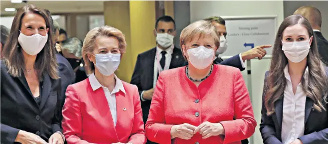  ??  ?? Sophie Wilmès, the Belgian prime minister; Ursula von der Leyen, president of the European Commission; Angela Merkel, the German Chancellor; and Sanna Marin, the Finnish prime minister, face difficult talks at the EU summit in Brussels