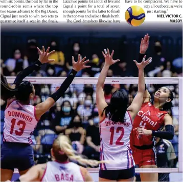  ?? PVL PHOTO ?? Cignal’s Tai Bierria goes for a drop shot against Creamline’s Jia Morado-De Guzman and Ced Domingo during the Premier Volleyball League Reinforced Conference on Sunday, Nov. 27, 2022.