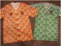  ??  ?? Below Holland (H) next to West Germany (A); Dassler’s call for colour inspired the Germans’ 1988 home shirt; which was retained for their Italia 90 triumph; then adapted by Boca Juniors