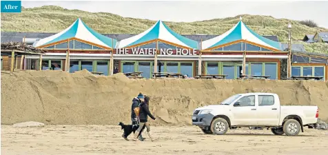  ??  ?? The sand cliffs that have appeared at Perranport­h, Cornwall, caused by Storm Eleanor, blocking off The Watering Hole beach pub from the public. Top, the scene in 2009