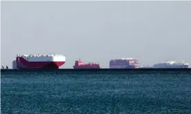  ?? Photograph: Khaled Elfiqi/EPA ?? Ships anchored outside the Suez canal in Ismailia.