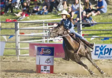  ?? Appeal-democrat file photo ?? Nellie Miller of Cottonwood competes in the barrel racing event in September 2019 during the Marysville Stampede at Cotton Rosser Arena in Marysville’s Beckwourth Riverfront Park.