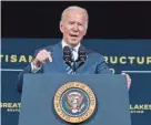  ?? ALEX BRANDON/AP ?? President Joe Biden speaks Thursday about the long-delayed cleanup of Great Lakes harbors and tributarie­s polluted with industrial toxins at the Shipyards in Lorain, Ohio.