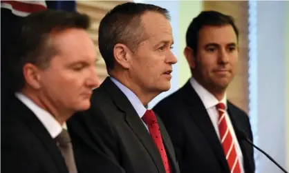  ?? Photograph: Mick Tsikas/AAP ?? The shadow treasurer, Chris Bowen, the opposition leader, Bill Shorten, and the shadow finance minister, Jim Chalmers, who will announce Labor’s abolition of the public service cap.