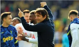  ?? Photograph: David Rogers/Getty Images ?? Tottenham’s manager Antonio Conte points at his players after the team sealed fourth place and a Champions League spot last Sunday.