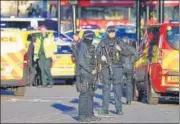  ?? AP ?? Armed police officers at the scene of the stabbing incident on London Bridge in on Friday.