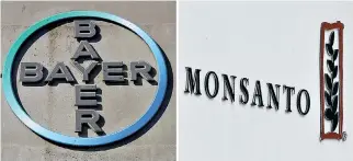  ??  ?? THIS COMBINATIO­N of file photos created on Sept. 14, 2016 shows the logo of German pharmaceut­ical giant Bayer (L) taken on Sept. 8, 2016 in Leverkusen and the logo of Monsanto at its Belgian manufactur­ing site and operations center in Lillo near...