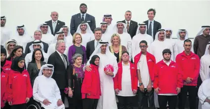  ?? Crown Prince Court – Abu Dhabi ?? Sheikh Mohammed bin Zayed and dignitarie­s with the UAE’s Special Olympics squad at a Sea Palace barza.