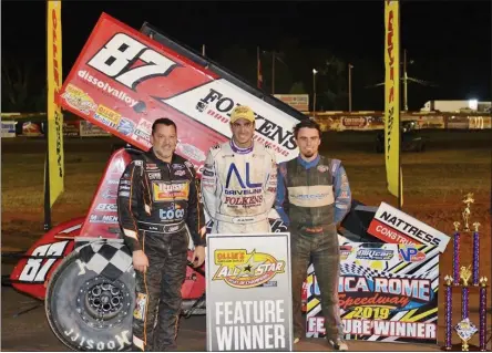  ?? JOHN CLIFFORD - UTICA-ROME PHOTOGRAPH­ER ?? From left, Tony Stewart, Aaron Reutzel and Justin Peck stand in the Utica-Rome Winner’s Circle following an action-packed Friday night of racing.