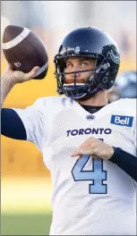  ?? ?? The Canadian Press
Toronto Argonauts quarterbac­k McLeod BethelThom­pson has put up more yards than Hall of Famer Doug Flutie but has a ways to go to catch up to Ricky Ray, Condredge Holloway and Damon Allen.