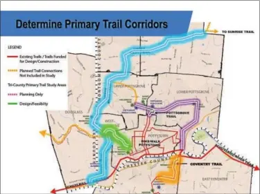  ?? MAP FROM TRI-COUNTY TRAIL STUDY ?? This map shows the four primary trails being studied in the orange, purple, green and blue. Red shows existing trails or routes.