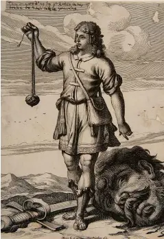  ??  ?? LEFT: David with the head of Goliath. BELOW: An 18th century engraving shows the amazingly big bed of Og, who is described in Deuteronom­y as the last of the giant Rephaim.