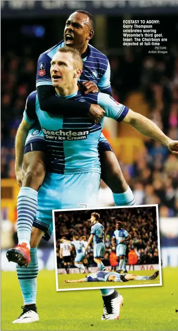  ?? PICTURE: Action Images ?? ECSTASY TO AGONY: Garry Thompson celebrates scoring Wycombe’s third goal. Inset: The Chairboys are dejected at full-time