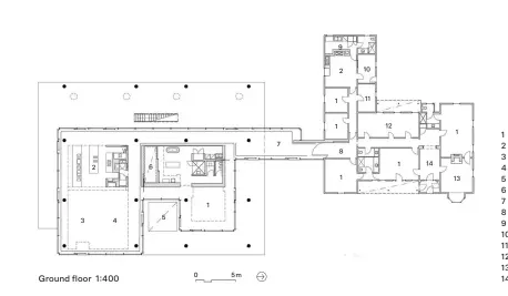  ??  ?? 1 Bedroom 2 Kitchen 3 Living 4 Dining
5 Light court 6 Private court 7 Hallway 8 Entry 9 Laundry 10 Mudroom 11 Services 12 Dormitory 13 Sitting room 14 Vestibule