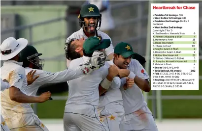  ?? AFP ?? Pakistan players celebrate after Yasir Shah (centre) dismisses West Indies number 11 Shannon Gabriel. —