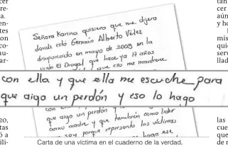  ?? ?? Carta de una víctima en el cuaderno de la verdad.