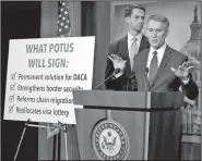  ?? AP/ALEX BRANDON ?? Sen. James Lankford, R-Okla., joined by Sen. Tom Cotton (left), R-Ark., speaks Monday during a news conference about an immigratio­n bill on Capitol Hill in Washington.