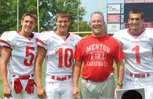  ?? PROVIDED PHOTOS ?? Mitch Trubisky (10) in his glory days at Mentor High School with Conner Krizancic, coach Steve Trivisonno and Brandon Fritts; in his fifth-grade yearbook photo (right); and with his former teacher Carole Elwell (below).