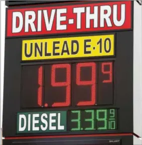  ?? THE ASSOCIATED PRESS ?? A sign displays the price for E-10 gasoline for $1.99 at the OnCue convenienc­e store and gas station Wednesday in Oklahoma City.