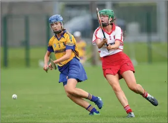  ??  ?? Annacurra’s Niamh Shannon reaches the ball ahead of Aughrim’s Emma Murphy.