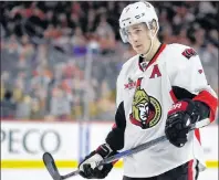  ??  ?? Kyle Turris looks on during an NHL game against the Philadelph­ia Flyers in Philadelph­ia on March 28 as a member of the Ottawa Senators.