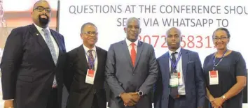  ??  ?? Chairman, Nigerian Bar Associatio­n Section on Business Law (NBA-SBL), Olumide Akpata (left); C. Ekwekwu; Shuaibu Bellgone, Representa­tive of Minister of State for Health, Dr Adetokunbo ShittaBey and CEO, Clinical Governance & Education, Beyhealth...