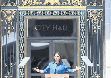  ?? ASSOCIATED PRESS ?? London Breed speaks after she was sworn in as San Francisco’s new mayor outside City Hall in San Francisco.