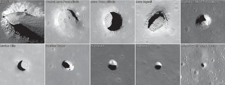  ?? NASA ?? These images from Nasa’s LRO spacecraft show all of the known mare pits and highland pits. Each image is of an area 222m wide.