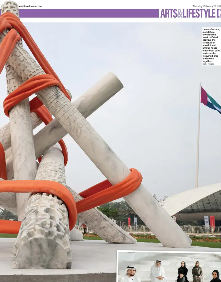  ?? Getty Images ?? Union of Artists, a sculpture unveiled this week in Dubai, conveys the structure of a traditiona­l Emirati house made from palm materials by weaving fibres and stems together