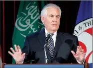  ?? AP/MANUEL BALCE CENTA ?? Secretary of State Rex Tillerson speaks Wednesday at the U.S.-Saudi Arabia CEO Summit in Washington. Earlier, Tillerson said the Iran nuclear treaty only delays Iran’s goal of becoming a nuclear state.