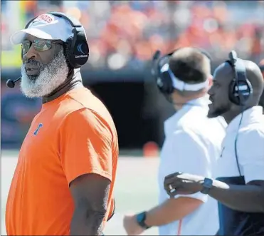  ?? WARREN SKALSKI/FOR THE CHICAGO TRIBUNE ?? Illinois football coach Lovie Smith on sidelines during a home game against Eastern Michigan on Sept. 14, 2019.