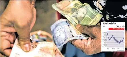  ??  ?? A vendor counts out rand banknotes at an African craft market in Rosebank. Instabilit­y is largely to blame for the currency’s volatility.