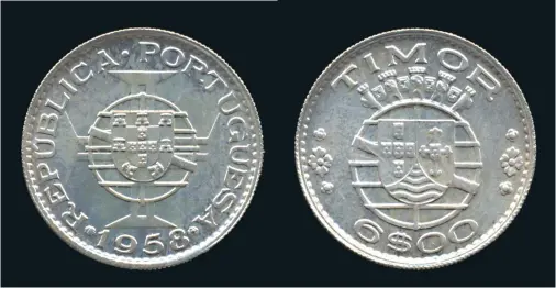 ?? ?? In the second coinage scheme for Portuguese Timor the pataca was abandoned and the escudo was introduced. The funny 3 escudo denominati­on was equal to the old Pataca, meant to be a transition­al coin, eventually to be replaced by the ordinary Portuguese 2.5 escudos.
(Actual diameter 24mm)