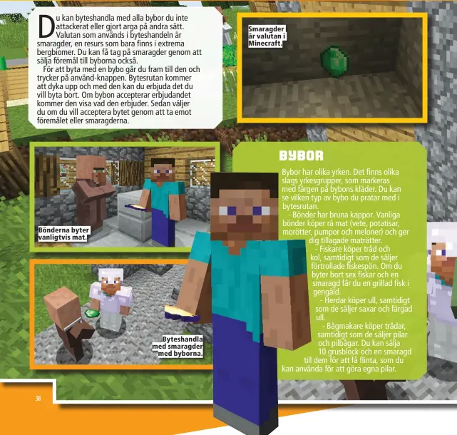  ??  ?? Bönderna byter vanligtvis mat.
Byteshandl­a med smaragder med byborna.
Smaragder är valutan i Minecraft.