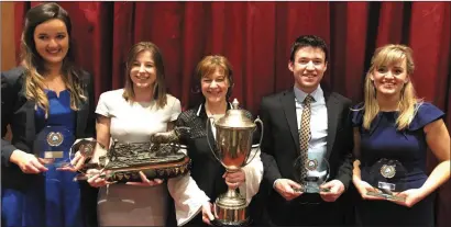  ??  ?? Speakeasy member Margaret O’Regan (centre) pictured with Breda O’Keeffe, Kate O’Regan, Niall O’Regan and Niamh Curran, of Awbeg Macra na Feirme, winners of the National Final of the Macra Senior Debating Competitio­n.