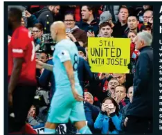  ??  ?? UNITED boss Jose Mourinho walked out to a show of support from fans (left). But even though his team won, he walked off an angry man mouthing what appeared to be swear words in Portuguese into a camera At least fans are happy...