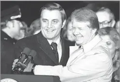  ?? John Duricka Associated Press ?? FULL PARTNER
President Carter embraces Mondale after returning from an overseas trip in January 1978. Mondale was an unusually active vice president.