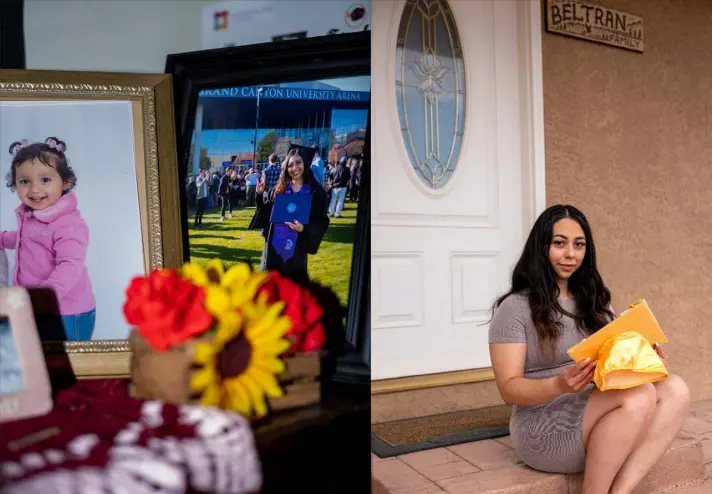  ?? Carl Glenn Payne II for Chalkbeat ?? Marisa Beltran holds her graduation cap on the front steps of her family’s home while family photograph­s are displayed to her left. “It was always instilled to me, I’m going to graduate, I’m going to go to college,” Marisa, now 25, said.