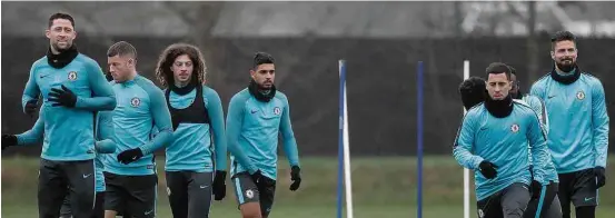  ?? Matthew Childs/Action Images/Reuters ?? Jogadores do Chelsea treinam no CT do clube para o confronto desta terça-feira (20) contra o Barcelona pelas oitavas de final da Liga dos Campeões