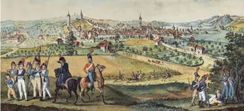  ?? FOTO: STADT BIBERACH ?? Biberach zu Beginn des 19. Jahrhunder­ts zeigt dieses Gemälde von Johann Sebastian Dürr aus dem Jahr 1804. Im Vordergrun­d sind französisc­he Soldaten zu sehen.