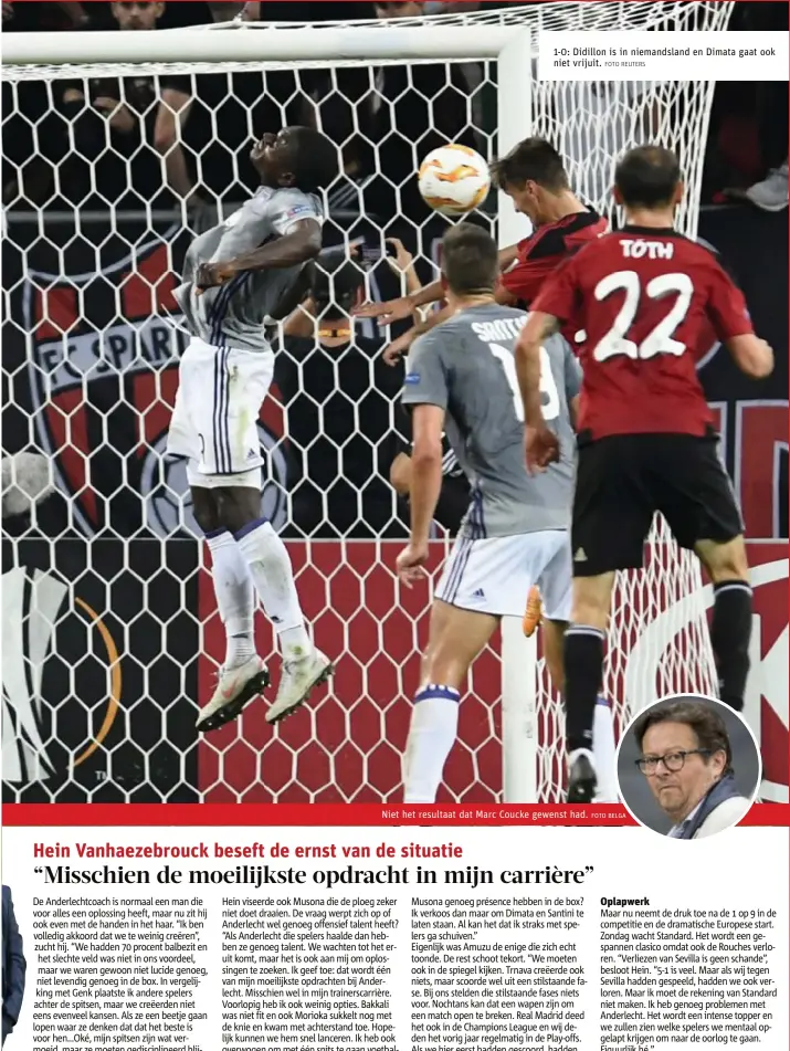  ?? FOTO REUTERS FOTO BELGA ?? 1-0: Didillon is in niemandsla­nd en Dimata gaat ook niet vrijuit.Niet het resultaat dat Marc Coucke gewenst had.